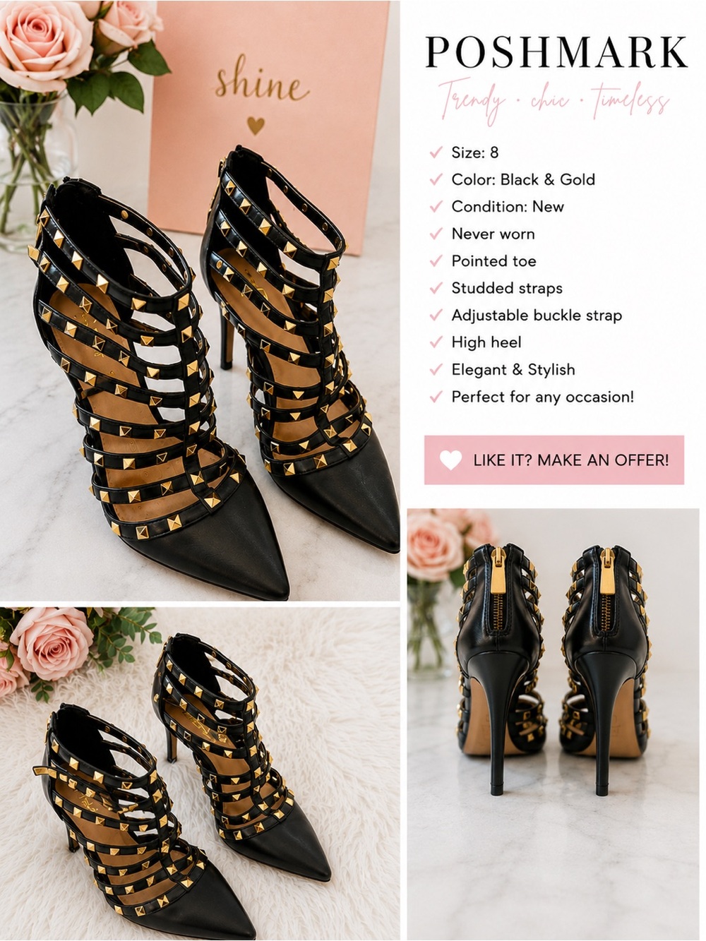 Mix No. 6 Black and Gold Studded Strappy High Heel Booties